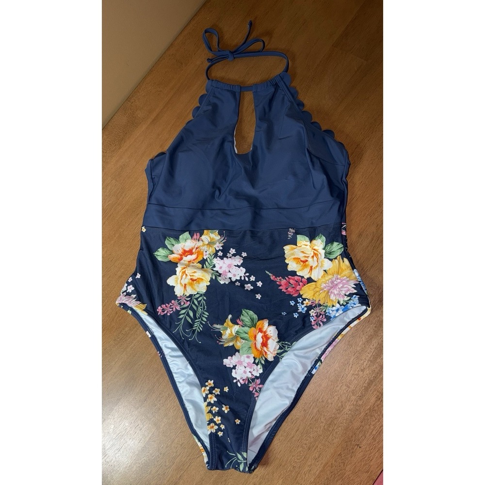Cupshe Women Navy Blue Floral Scalloped Halter One Piece Swimsuit XL CAA12E4C027